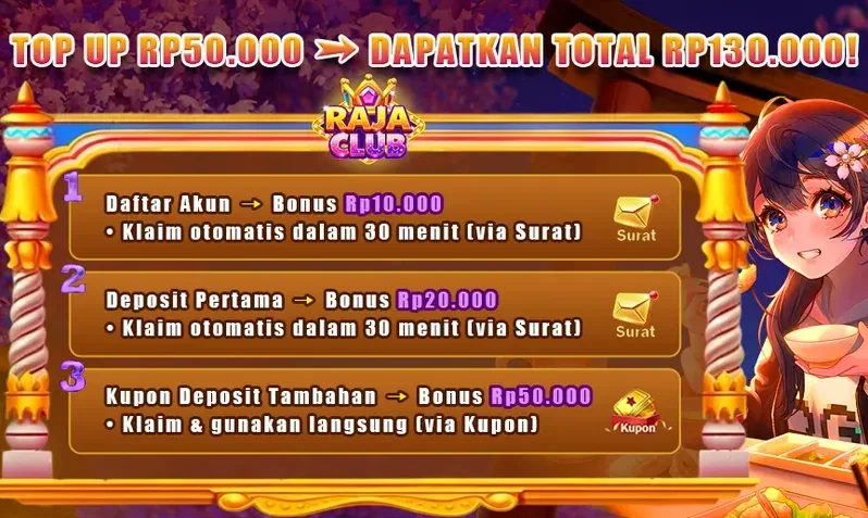 RAJA CLUB Welcome Bonus Package - Top Up RP50.000 Get Total RP130.000